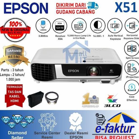 Proyektor Epson Eb-X52 Eb-X51 X52 X51 Ebx52 Ebx51 Xga 3800 Lumens 3Lcd Garansi Resmi