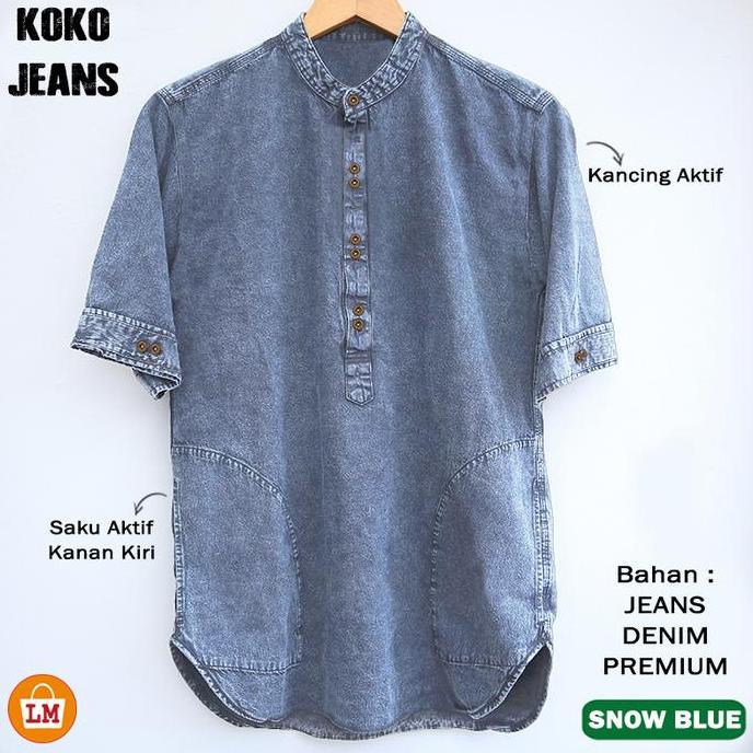 Baju Pria Muslim Koko Jeans Lengan Pendek Bahan Denim M-Xxl / 22083