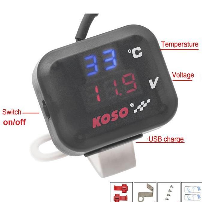 siapVoltmeter Koso 3 in 1 USB Charger Universal Semua Motor Anti Air Original Termometer DigitalJam 
