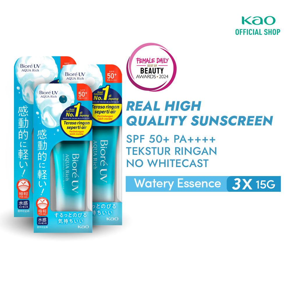 Biore UV Aqua Rich Skincare Sunscreen Waterproof Double UV Filter Watery Essence 15GR Triplepack