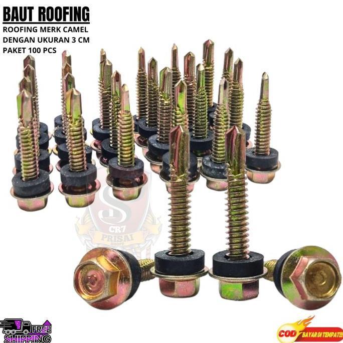 Nutbolt- Paket 100Pcs Baut Roofing 3Cm /Baut Atap 3Cm /Baut Roofing Kuning 3Cm /Baut Roofing 3 Denga