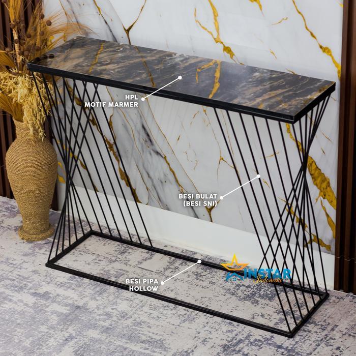 Instar - Meja Konsul Ruang Tamu Minimalis Multifungsi Besi HPL Motif Marmer Besi Hitam