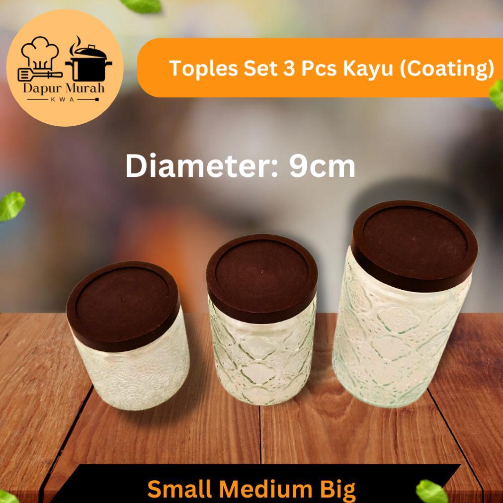 Set Toples Kaca Tutup Kayu Isi 3 Ukuran