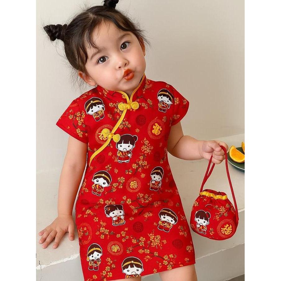 Karyagroup_22 - Cheongsam Baju Cina Dress Anak Perempuan Model Lurus Cantik Motif - Fashion