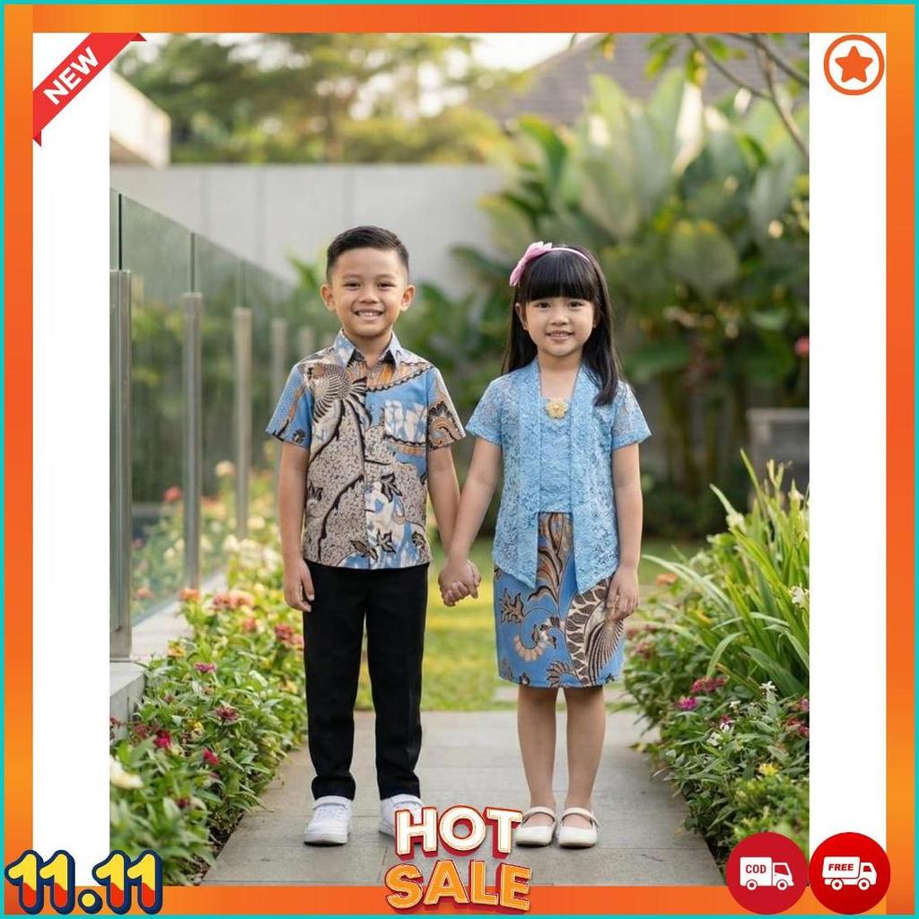 Baju Batik Anak Couple Umur 1-10 Tahun Kemeja Anak Lengan Pendek One Set Kebaya Brokat Bali [L7]