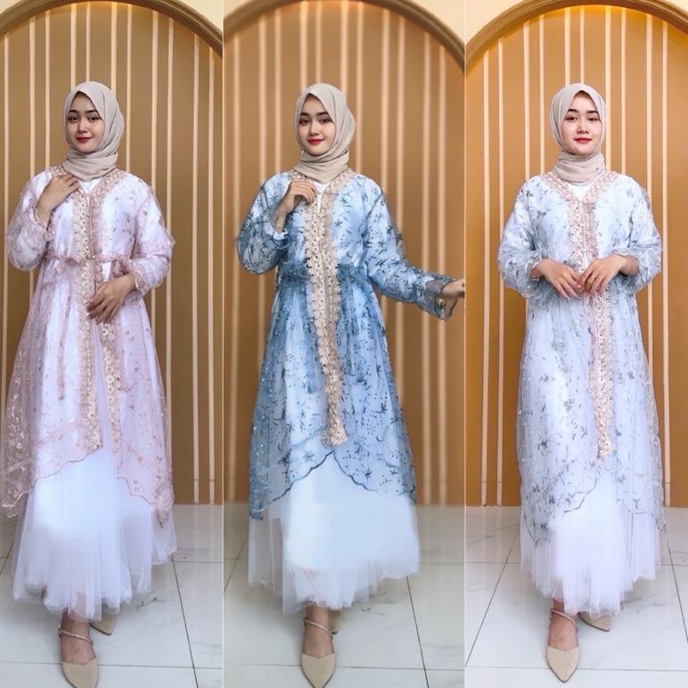 HOT ITEM Raya Dress satu Set Inner Outer Dan Rok Tutu Queenbee Fashion Gamis Muslim Wanita Pesta Kon