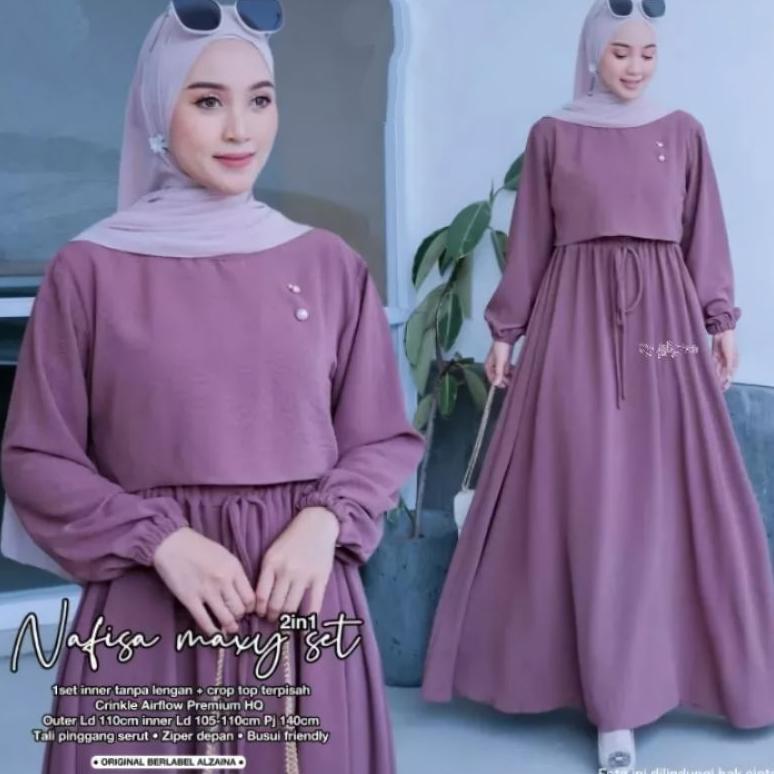 TRENDING SEKARANG Gamis NAFISA Maxy Set2in1 inner+outer crop (Crinkle airflow)Size S,M,L,XL,Jumbo Se