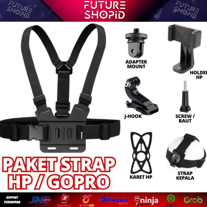 WHESTLI Paket Strap Dada / Kepala+ Holder HP Chest / Head Strap Gopro Action Cam Kogan Xiaomi Vlog M