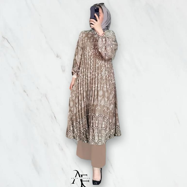 TERLARIS ONE SET NAILA TUNIK PLISKET - SETELAN LONG TUNIK PLISKET MOTIF NEW CELANA CRINKLE PREMIUM -