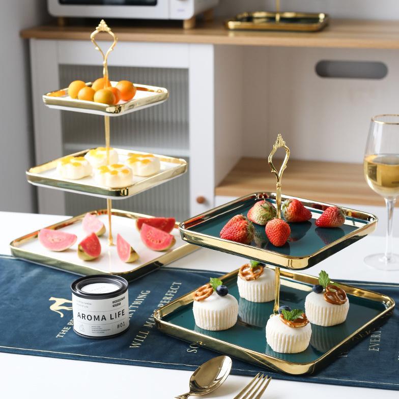 Piring Kue Tingkat Keramik Bentuk Kotak List Emas / Square List Gold Elegant / Wadah Buah Bertingkat