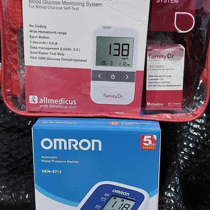 TERBARU - Paket Tensimeter Digital OMRON HEM 8712 & Cek Gula darah Family Dr.