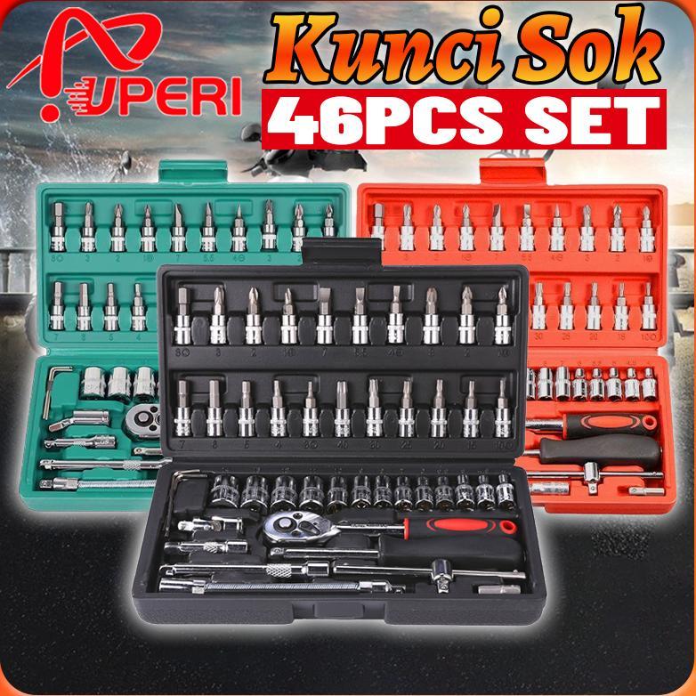 Premium Set Kunci Socket 46 Pcs Full Set (1/4 ") Pas Ring L Motor Kunci/Kunci L Set Cr-V Lengkap/Kun