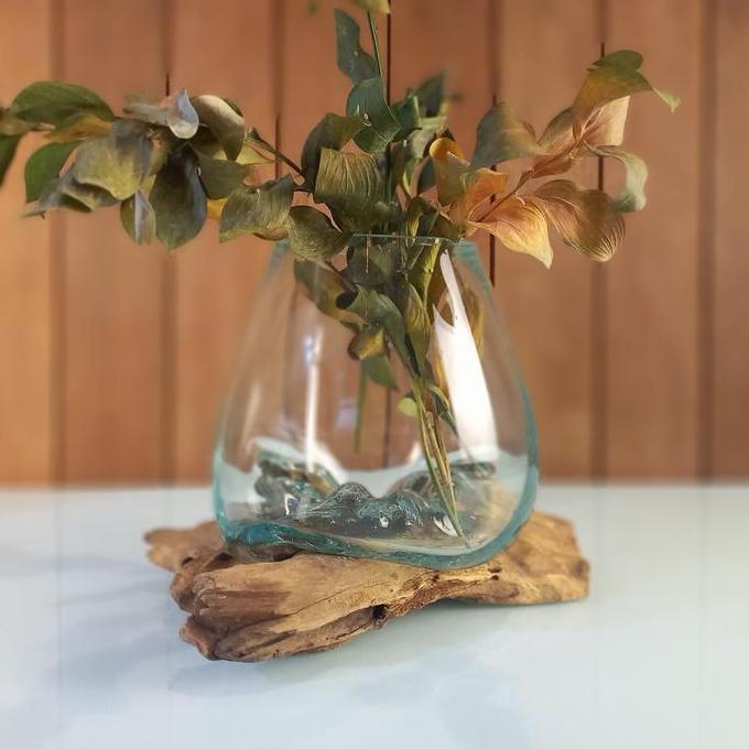 LEOLLE BALI VAS BUNGA KACA TIUP WOOD GLASS | TERRARIUM KACA UNIK DEKORASI MEJA ESTETIK | AKUARIUM MI
