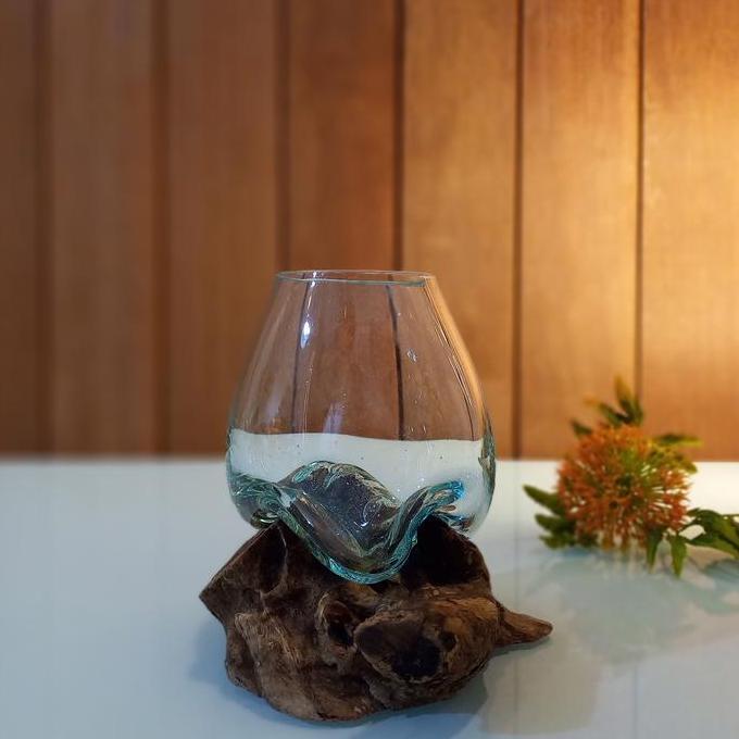 LEOLLE BALI POT BUNGA KACA TIUP KAYU GAMAL | MELTED GLASS ON WOOD AESTHETIC | VAS BUNGA KACA RECYCLE