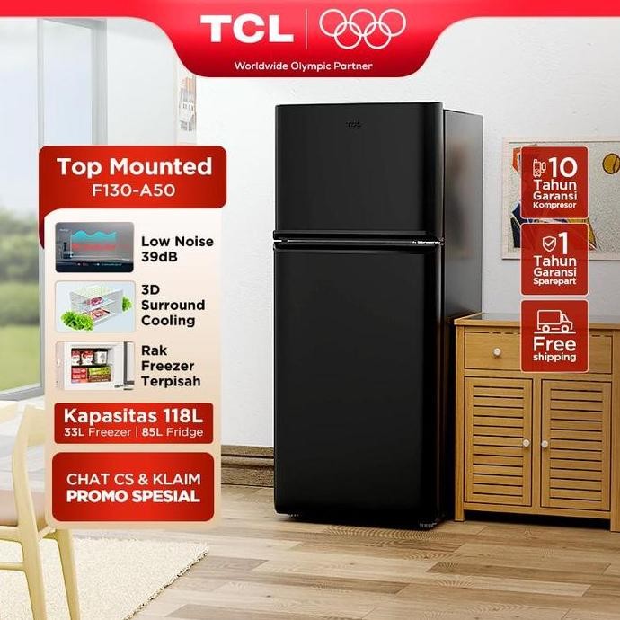 Promo TCL Kulkas 2 Pintu (F130-A50) - Kapasitas 118L - Rak Freezer Terpisah - 3D Surround Cooling - 