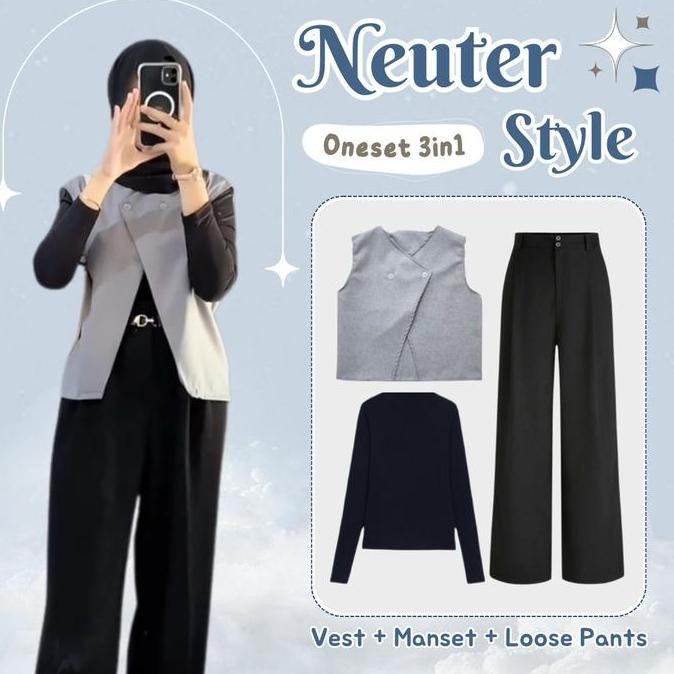 Promo One Set Wanita Kekinian Korea Hijab 3 In 1(Rompi Vest + Loose Pants + Manset Lengan Panjang) -