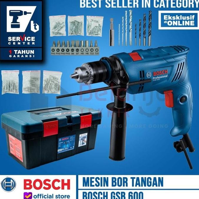CAVERLY- Bosch Mesin Bor Beton Set Box Perkakas GSB 600 Impact Drill 600 Watt 13MM
