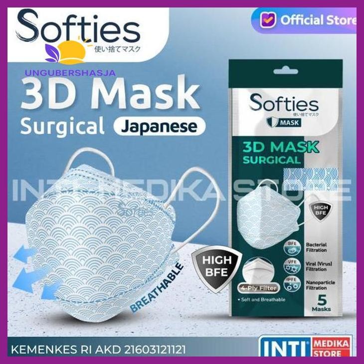 (ORIGINAL) SOFTIES - MASKER 3D SURGICAL MASK 4 PLY JAPANESE | MODEL EARLOOP KF94 KESEHATAN PERLENGKA