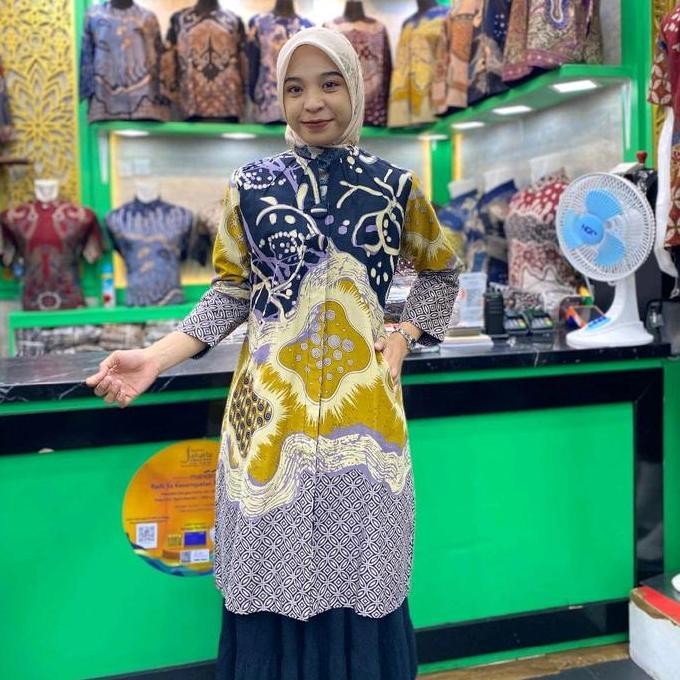 DI109 >> Tunik Batik wanita Motif Kencana ungu Bahan katun halus premium Kain Muslim