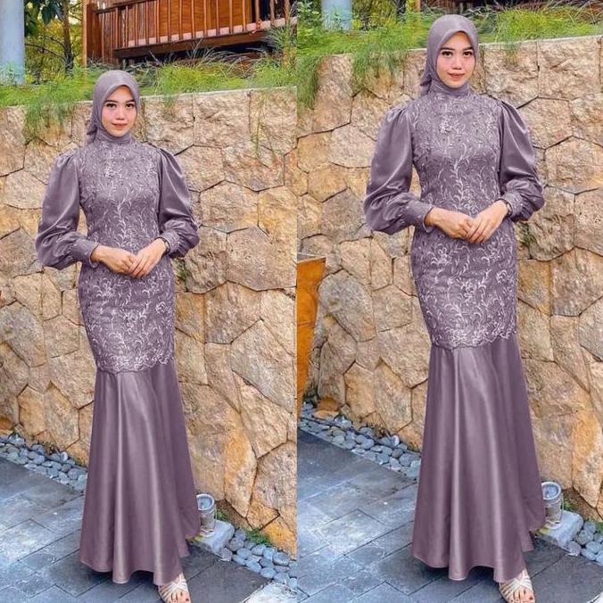 DY14 >> MAXI DESYA DUYUNG TANGAN BALON MODEL/GAMIS KONDANGAN BRUKAT KOMBI SATIN Gamis Dress Wanita P