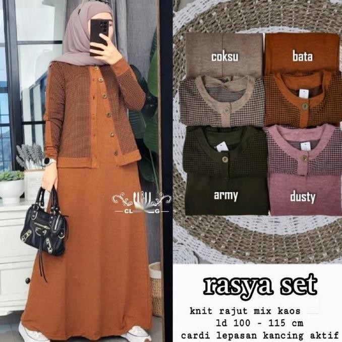 DB61>> Rasya set wanita / Gamis set / Baju muslim Kancing Dress  Cardigan Kotak Lembut Nyaman Setela