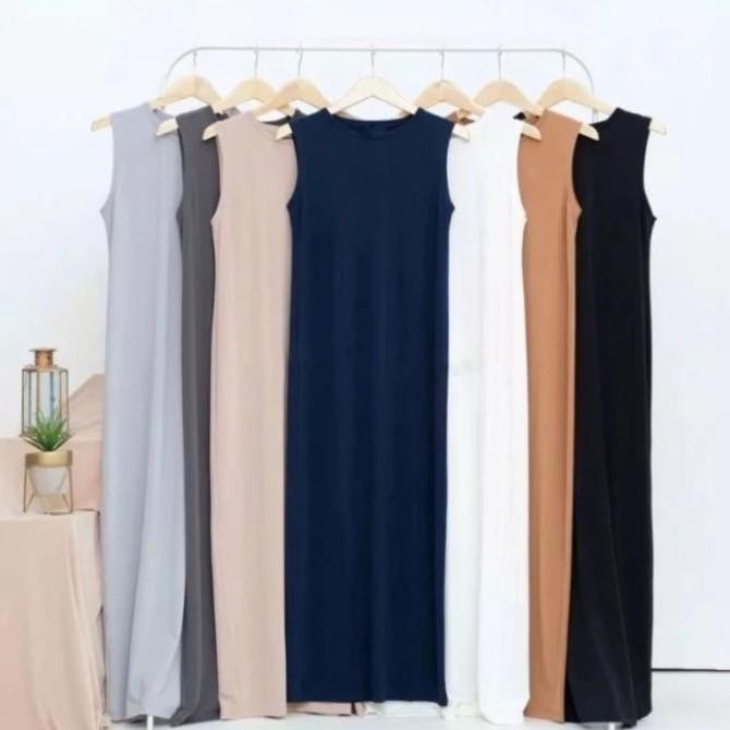 DF200>> Gamis tanpa Lengan inner span long dress Jersey Hiram - Putih