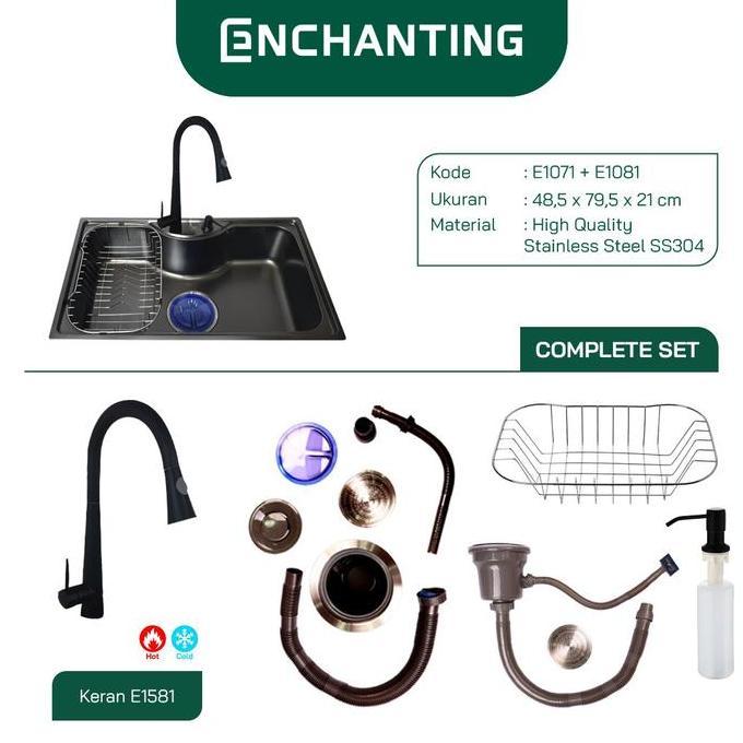 ENCHANTING Kitchen Sink Stainless Steel SS 304 1 Bowl Black 79x49 | Bak Wastafel Cuci Piring Dapur T