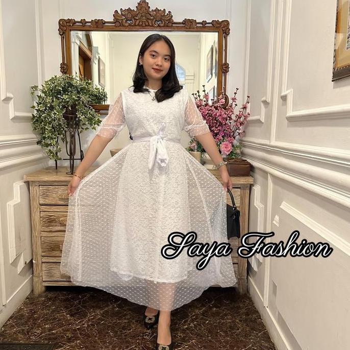 Promo Dress Brokat Polos Putih Maxi Mewah 20110 Casual Kombinasi Tutu Pesta Wanita COD