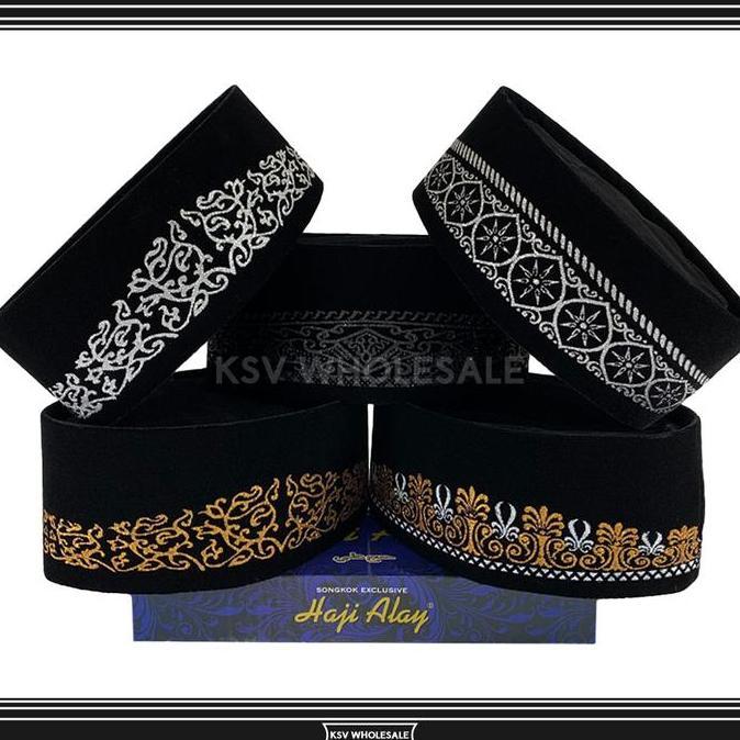 DF167>> Peci HAJI ALAY GRAFER Sablon AC Tinggi 9 Cm Peci Sholat Hitam Motif Full Bordir Kopiah Shala