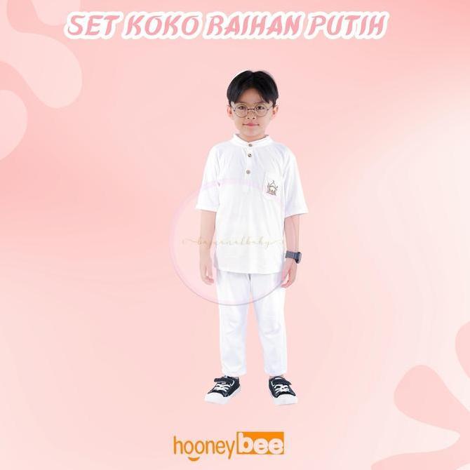 DE7 - Setelan Koko Anak Raihan Junior Hooneybee Warna Putih Size 2-10 Th Baju Muslim Katun Peci Gami