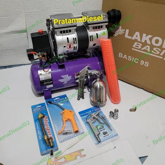 LOLOPECHKA paket kompresor lakoni listrik oiless basic 9+spraygun f75+slang 6mtr