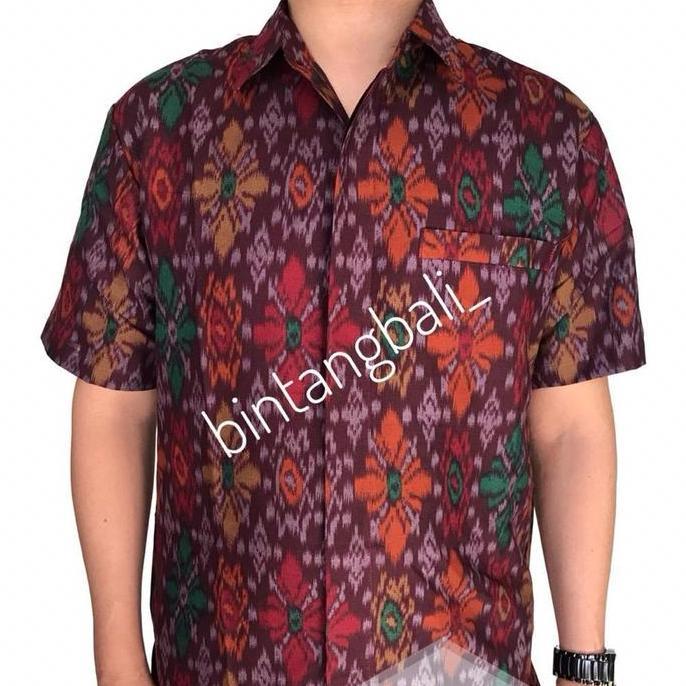 Kemeja Pria Endek Bali Katun Lengan Pendek Lasem Marun Pakai Lapis Furing RDN
