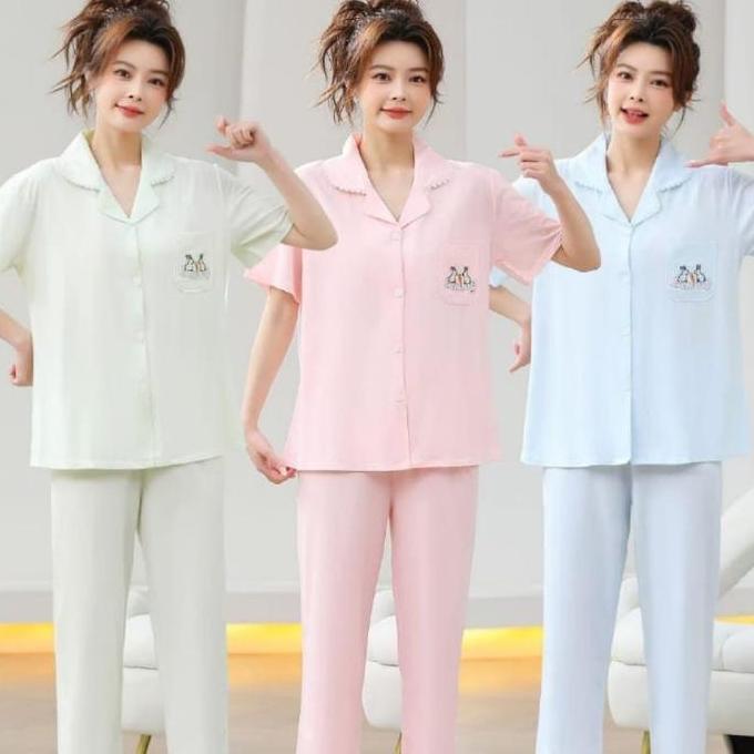 Piyama Setelan Cp Polos Bordir Baju Tidur Import Bisa Buat Ibu Busui  Lengan Pendek Celana Panjang D