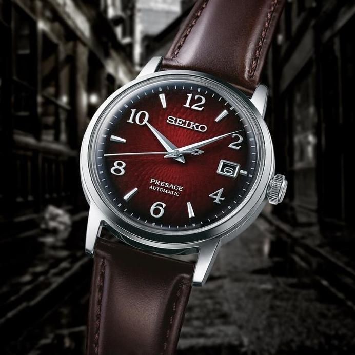 Jam Tangan Pria Seiko Presage SRPE41J1 Cocktail Negroni Automatic Red Dial Brown Leather SRPE41