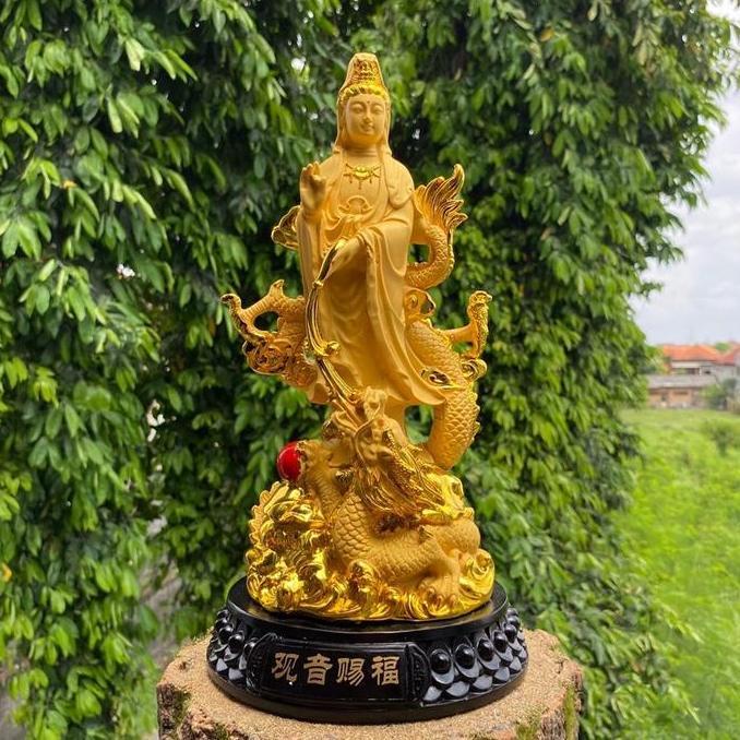 Patung Dewi Kwan Im Naga Emas Fiber Premium Fengshui Guanyin Pemberi Berkah dan Rezeki ZAK