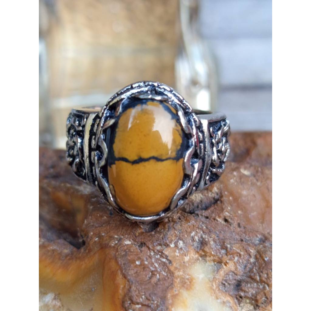 Natural Pirus Hubei Coklat Motif Kendit Unik Ring Alpaka Ukir