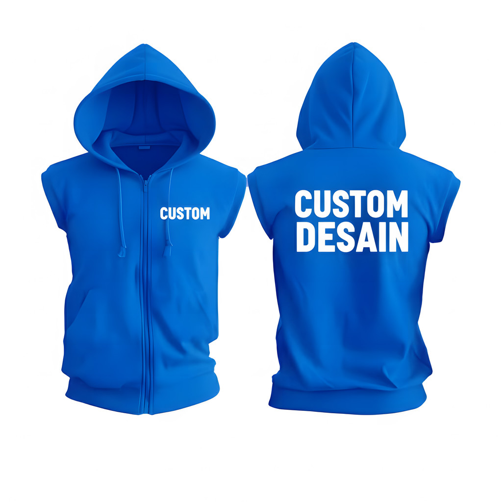 Custom sablon Jaket Rompi fleece Biru hoodie zipper Sablon dtf depan belakang