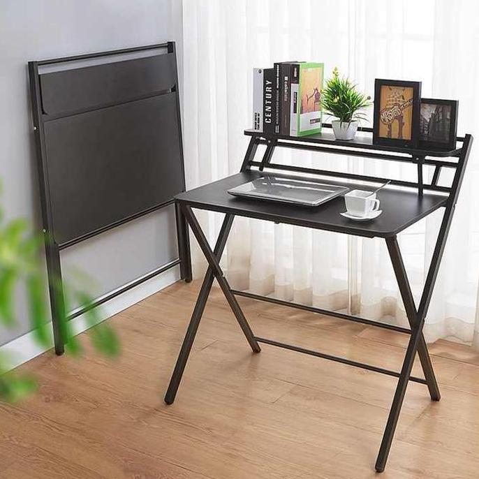 Meja Laptop Komputer PC Kerja Belajar Lipat Foldable Desk Besi Multifungsi Minimalis Kokoh Hitam Put