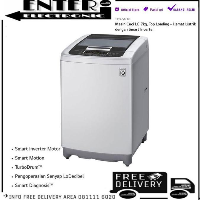 LG T2107VSPCK - MESIN CUCI 1 TABUNG LG SMART INVERTER 7 KG T2107 VSPCK