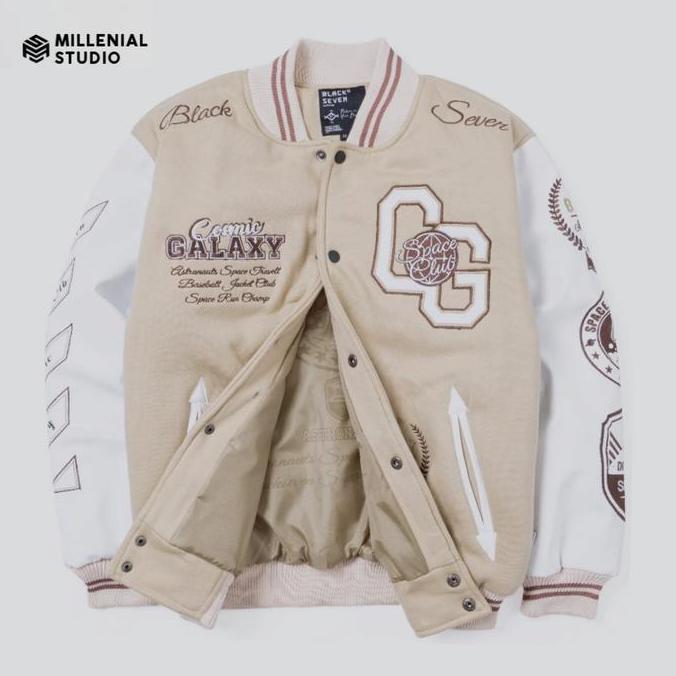 VARSITY JACKET COSMICS GALAXY CREAM WHITE | JAKET BASEBALL BORDIR ORIGINAL UNISEX Fleece Nyaman Lemb