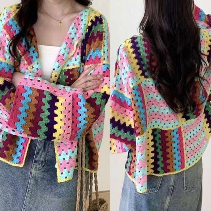 CARDIGAN OUTER RAJUT CROCHET KNIT RAINBOW WARNA WARNI CROP OVERSIZE DROP SHOULDER KOREA IMPORT