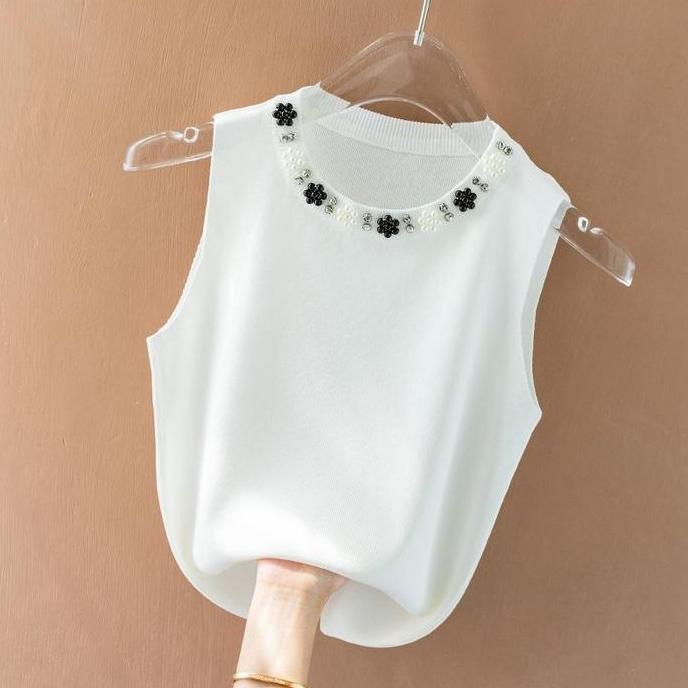 Promo HCLL Atasan Lengan Buntung Kombinasi Mutiara Acria - Baju Atasan Rajut Import Premium COD