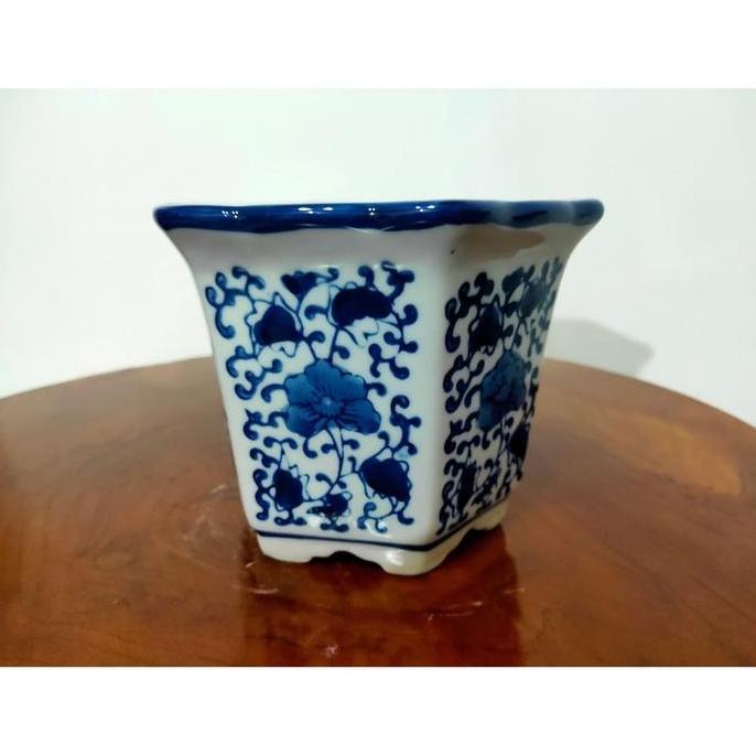 Terlaris Pot Bunga Keramik Cina Segi Enam Biru Putih Size No 2