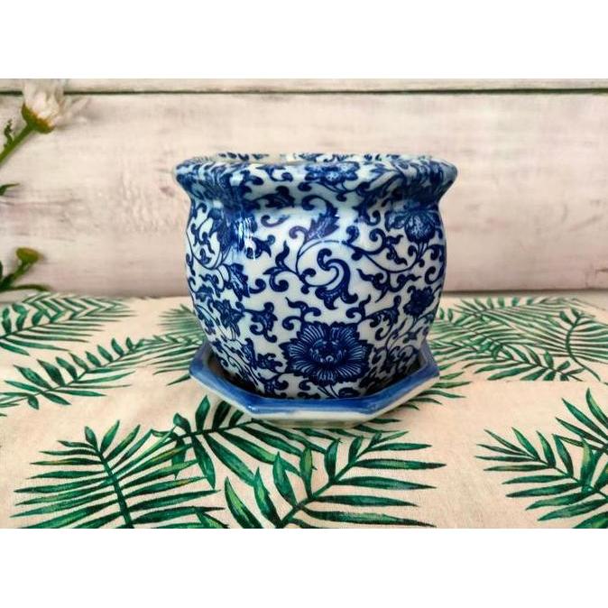 Terlaris Pot Bunga Keramik Cina Biru Putih Motif Bunga Mawar Size S