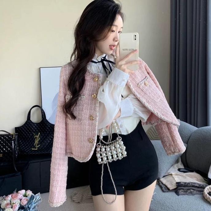 Blazer Pink Lengan Panjang Autumn Outer Crop Import Wanita Korea Atasan Tweed Atasan Wanita Casual L