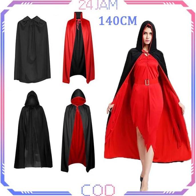 140cm Costum HalloweenJubah DrakulaJubah Hitam Merah Halloween Cosplay Penyihir Vampire