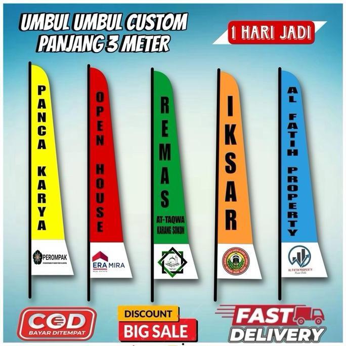 Ready Umbul-Umbul Custom Bebas Panjang 3 Meter Bisa Pakai Logo Sendiri Bendera Sablon Pres Logo Garu