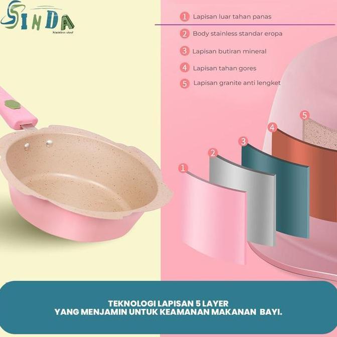 SINDA Panci Sakura Mpasi Set 2Pcs Alumunium Coating Granite Marbel - Peralatan Panci Bayi Warna Pink