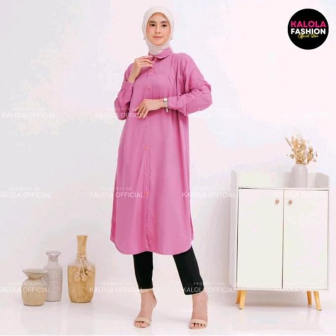 Kalola Tunik Rayon Twill Kemeja Polos Wanita Kekinian Tunik Polos Kancing Depan Belakang Variasi Ata