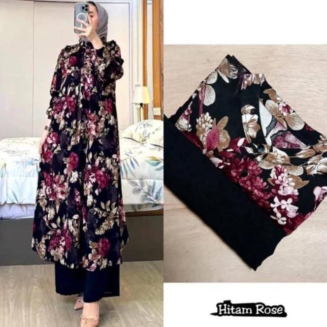 One Set Setelan Tunik Celana Setelan Wanita Rose Flower Baju Wanita Atas Bawah